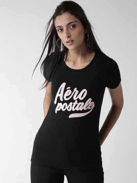 

Aeropostale Women Black Applique Detail Round Neck T-shirt