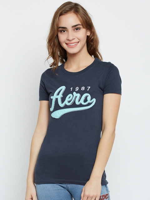 

Aeropostale Women Navy Self-Design Round Neck T-shirt, Navy blue