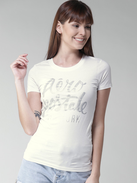 

Aeropostale Women White Printed Round Neck Pure Cotton T-shirt