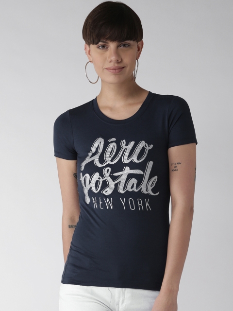 

Aeropostale Women Navy Printed Round Neck T-shirt, Navy blue