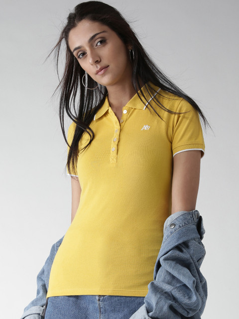 

Aeropostale Women Yellow Solid Polo Collar T-shirt