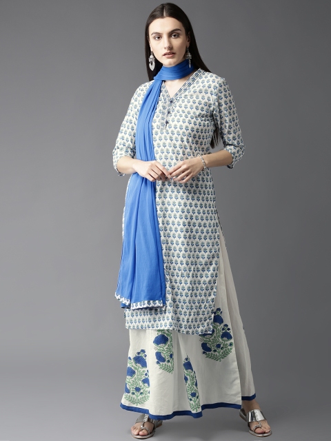 

Moda Rapido Women White & Blue Printed Kurta with Skirt & Dupatta