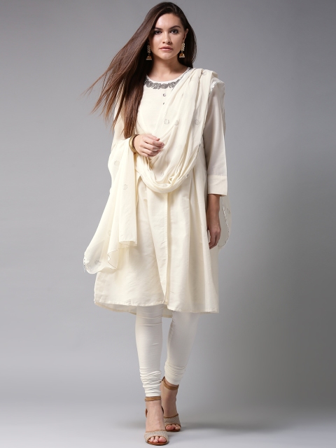 

Moda Rapido Women Cream-Coloured Solid Kurta with Churidar & Dupatta