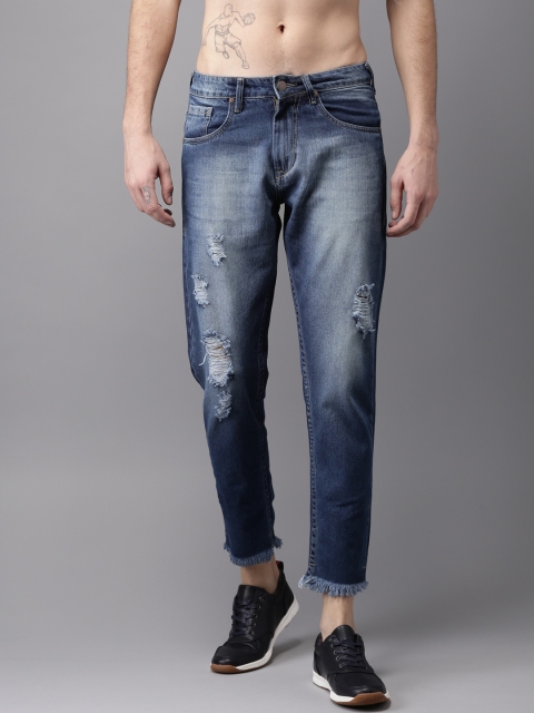 

HERE&NOW Men Blue Slim Tapered Fit Mid-Rise Distressed Cropped Jeans