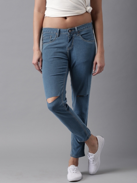 

HERE&NOW Women Blue Skinny Fit Mid-Rise Cropped Slash Knee Stretchable Jeans