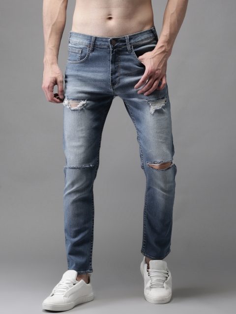

HERE&NOW Men Blue Tapered Fit Cropped Mid-Rise Highly Distressed Jeans
