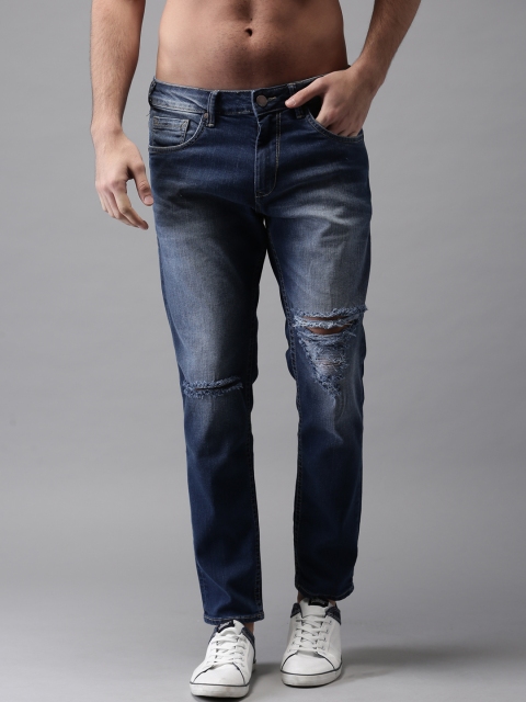 

HERE&NOW Men Blue Cropped Tapered Fit Mid-Rise Slash Knee Stretchable Jeans