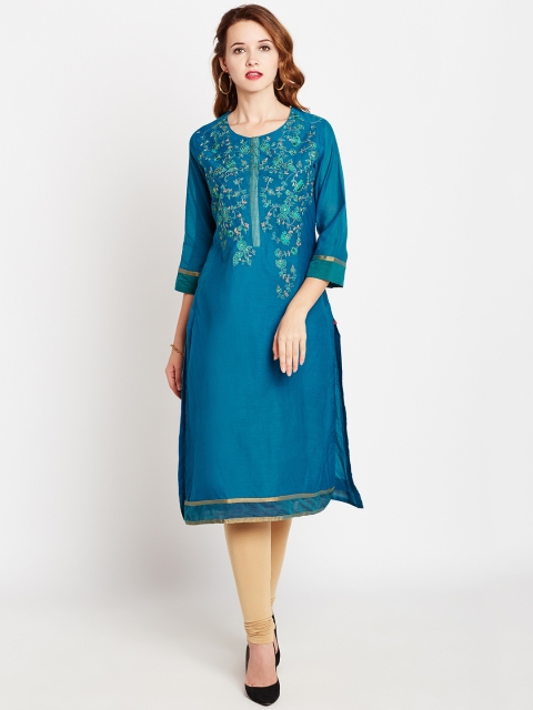 

Biba Women Teal Blue Embroidered Straight Kurta