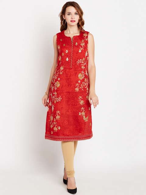

Biba Women Red Floral Print Straight Kurta