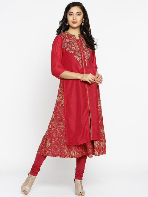 

Biba Women Red Embroidered A-Line Kurta