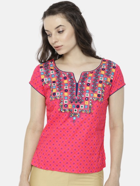 

Biba Women Pink Printed Top with Embroidered Detail