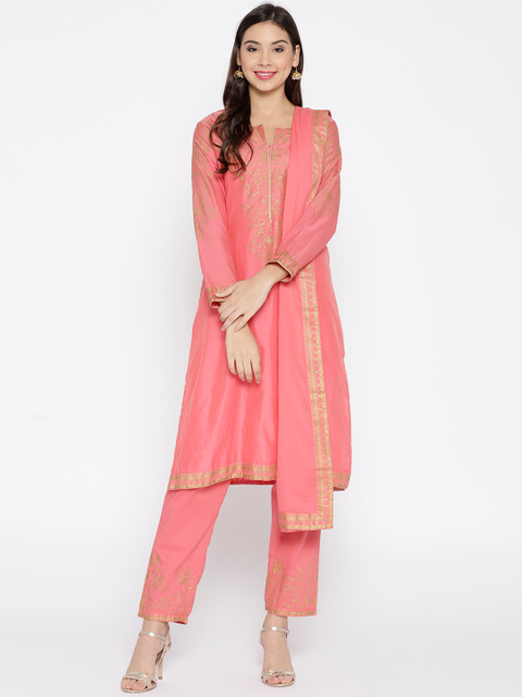 

Biba Women Coral Orange Printed Kurta with Trousers & Dupatta
