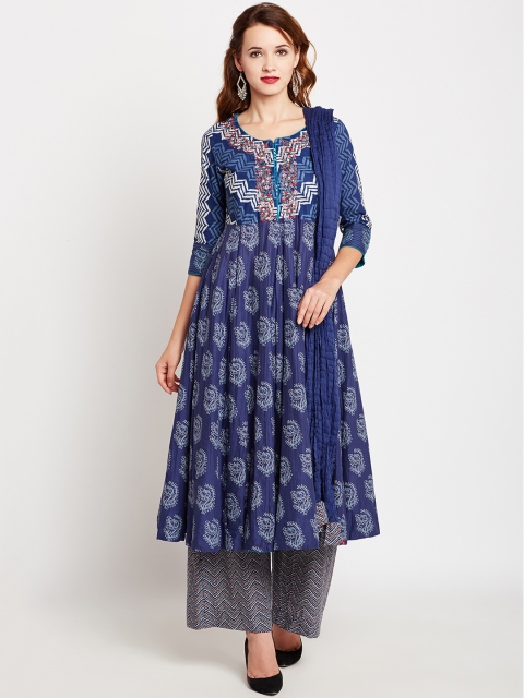 

Biba Women Blue & Maroon Printed Anarkali Kurta with Palazzos & Dupatta