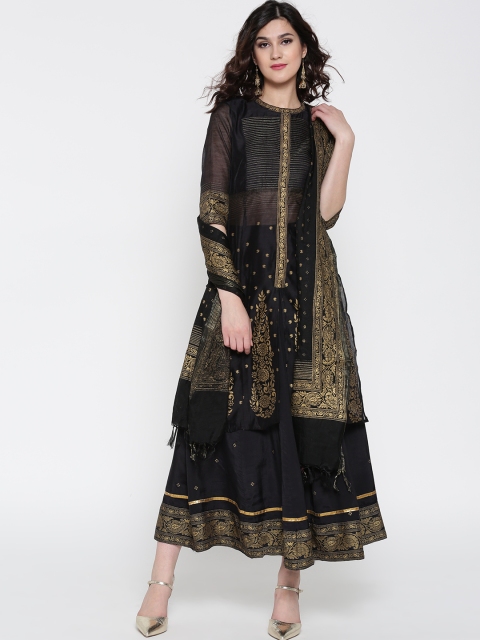 

AURELIA Women Black & Golden Printed Kurta with Skirt & Dupatta