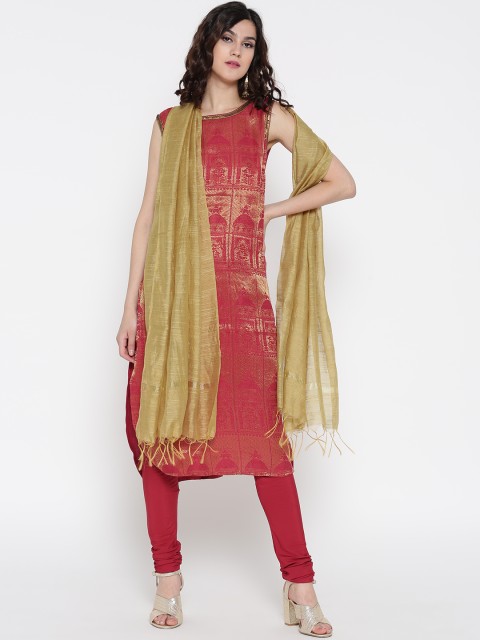 

AURELIA Women Red & Beige Self-Design Kurta with Churidar & Dupatta