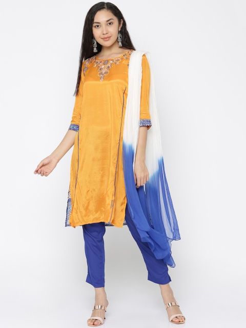 

AURELIA Women Yellow & Blue Embroidered Kurta with Trousers & Dupatta