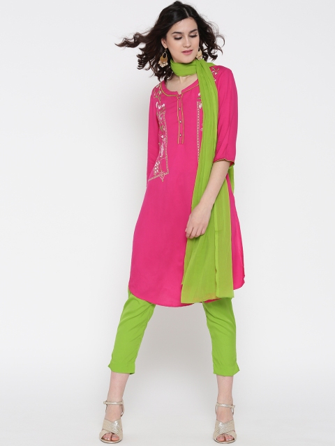 

AURELIA Women Pink & Green Embroidered Kurta with Trousers & Dupatta