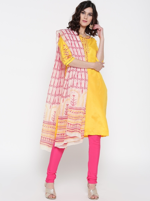 

AURELIA Women Yellow & Pink Embroidered Detail Kurta with Churidar & Dupatta