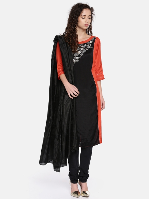 

AURELIA Women Orange & Black Colourblocked Kurta with Churidar & Dupatta