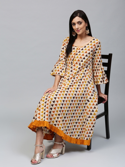

AKS Women Off-White & Yellow Printed Anarkali Kurta