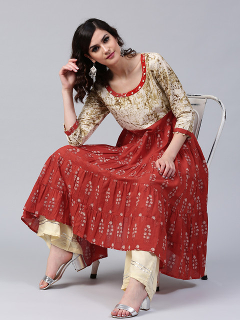 

AKS Women Red & Beige Printed Anarkali Kurta