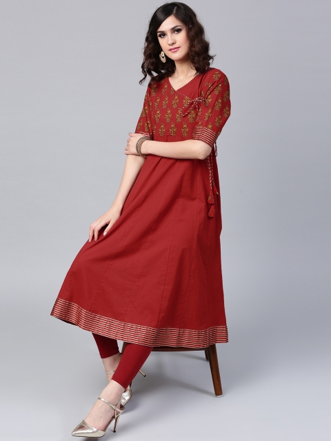 

AKS Women Maroon & Green Printed Anarkali Kurta