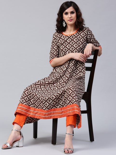

AKS Women Brown & Off-White Printed A-Line Kurta