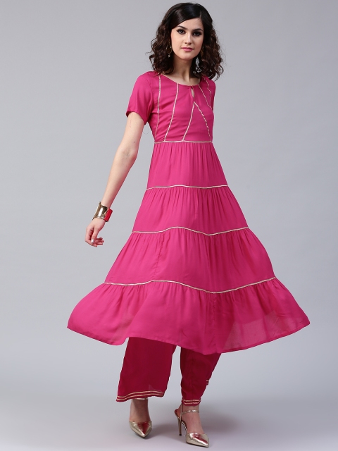 

AKS Women Pink Solid Tiered Anarkali Kurta