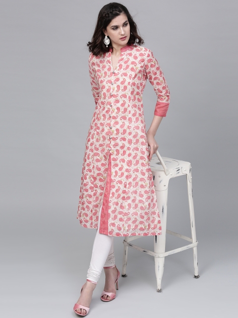 

AKS Women White & Peach-Coloured Chanderi Silk Printed A-Line Kurta