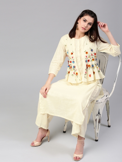 

AKS Women Cream-Coloured Solid Straight Kurta with Ethnic Jacket