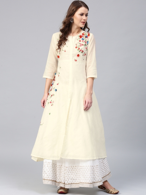 

AKS Women Cream-Coloured Embroidered A-Line Kurta