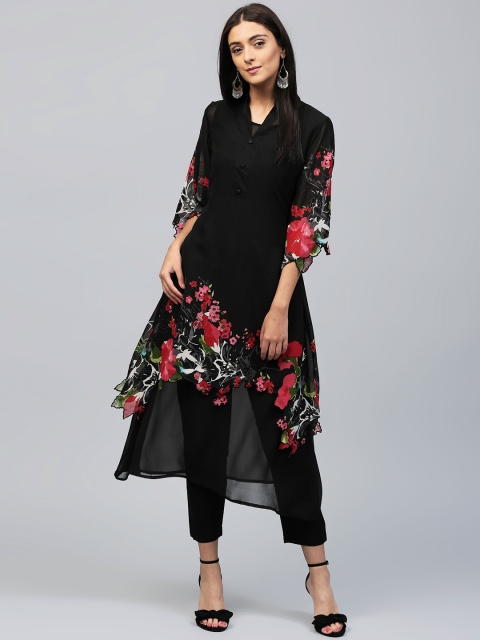 

AKS Women Black Floral Print A-Line Kurta