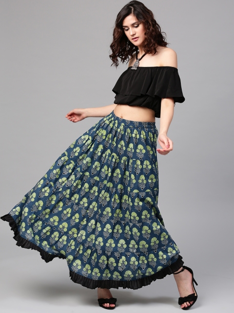 

AKS Blue & Green Floral Print Maxi Lightweight Skirt