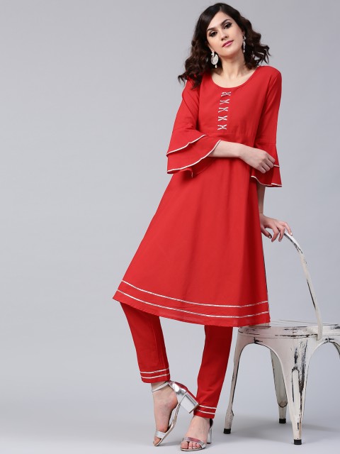 

AKS Women Red Solid A-Line Kurta with Trousers