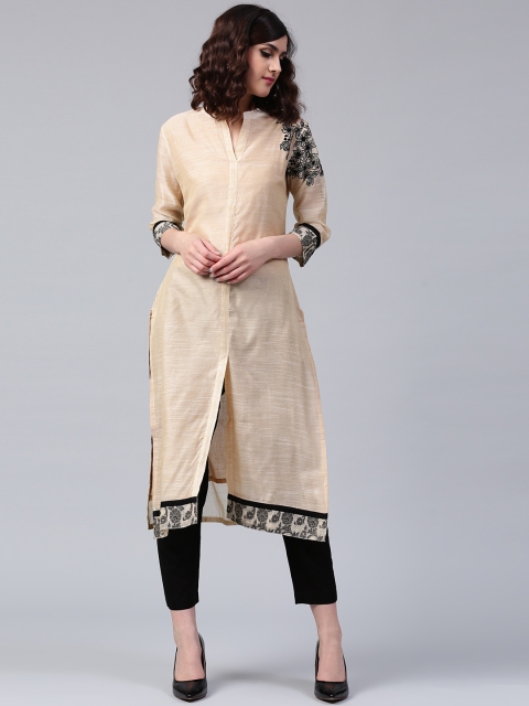 

AKS Women Beige Silk Embroidred Straight Kurta