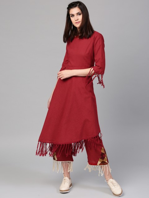 

AKS Women Maroon Solid Fringed A-Line Kurta
