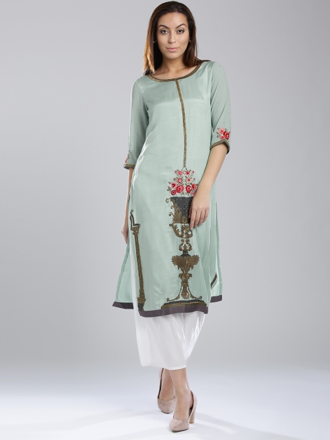 

W Women Mint Green Embellished Straight Kurta