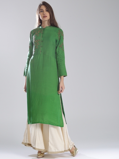 

W Women Green Woven Design Straight Kurta