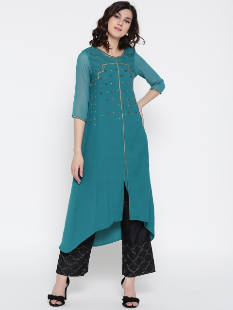 

WISHFUL by W Women Teal Blue Embellished Asymmetric A-Line Kurta