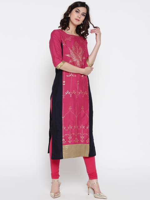 

W Women Pink & Navy Printed Straight Kurta