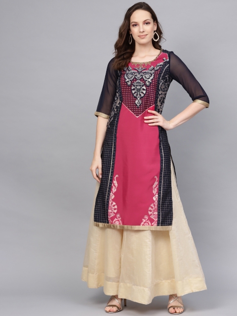 

WISHFUL by WWomen Pink & Navy Blue Printed Straight Kurta