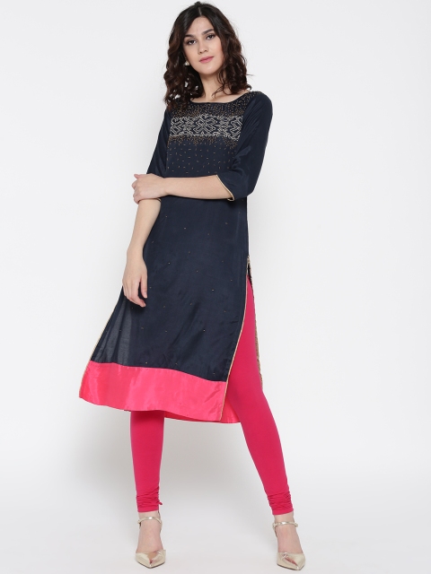 

W Women Navy Blue Embellished Straight Kurta