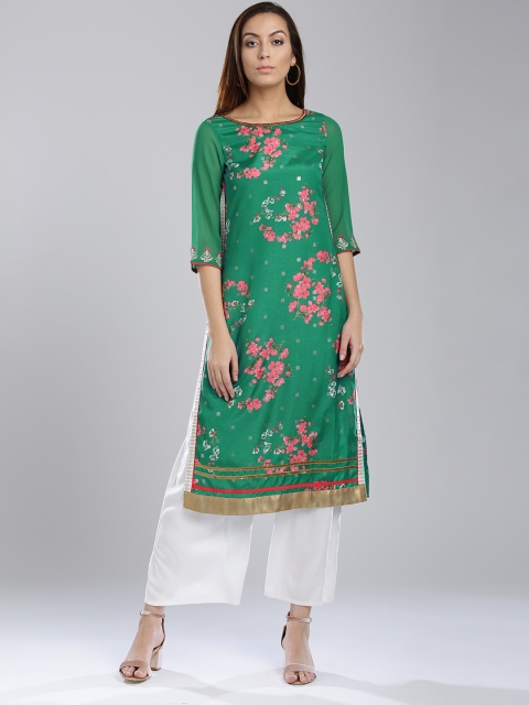 

W Women Green Floral Print Straight Kurta