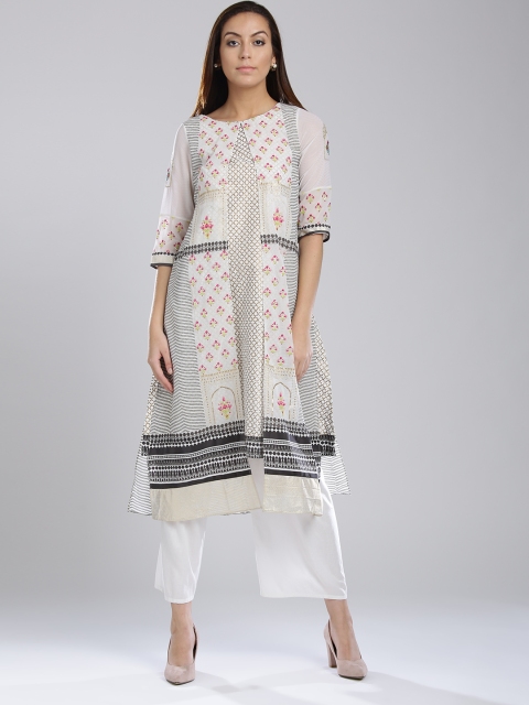 

W Women Off-White & Black Printed Layered A-Line Kurta