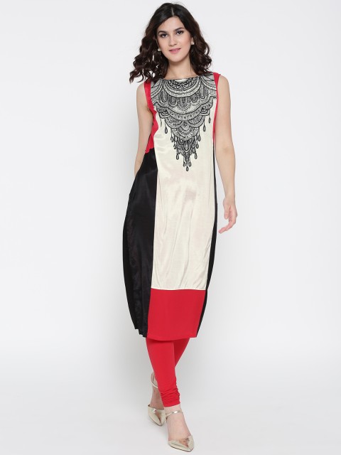 

W Women White & Black Embroidered Straight Kurta