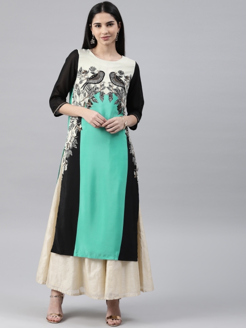 

WISHFUL by W Women Green & Black Printed Straight Kurta