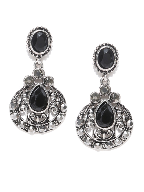 

Golden Peacock Oxidised Silver-Toned & Black Classic Drop Earrings