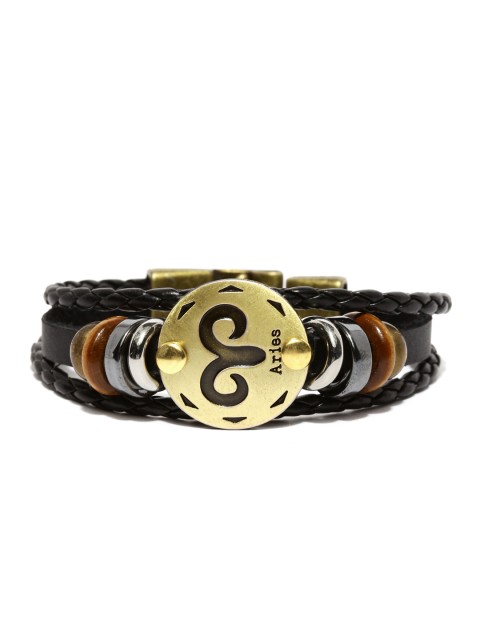 

Golden Peacock Unisex Black & Antique Gold-Toned Aries Leather Bracelet