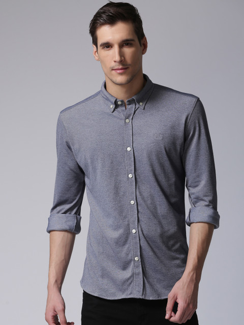 

YWC Men Navy Blue Slim Fit Solid Knitted Casual Shirt