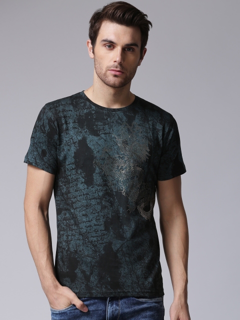 

YWC Men Black & Teal Green Printed Round Neck T-shirt